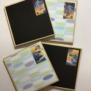 Space Coasters, 4 pack, Postage Stamp Wood Coaster Set with Cork Backing, Drink
